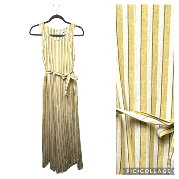 Rachel Zoe Jumpsuit Gold Yellow & White Stripe 100% Linen Cropped Wide Leg SZ 6 - Picture 1 of 12